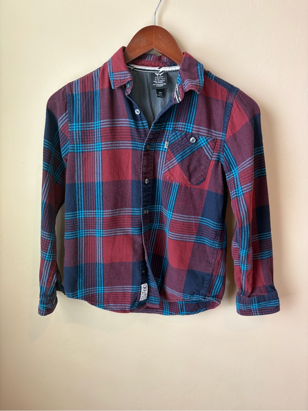Boys Shaun White Red, Navy & Teal Plaid Flann Button-Down Shirt size M